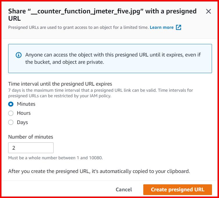 Picture showing the popup window to specify the expiration time of the presigned URL